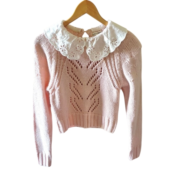 For Love and Lemons Pink Sweater with White Collar Cropped Cottagecore Size L - Picture 3 of 4